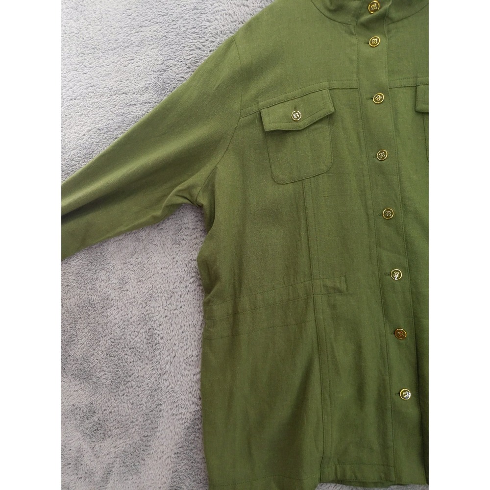Susan Graver Pure Olive Green Linen Blend Mandarin Collar Button Up Shirt Top XL - Picture 5 of 10